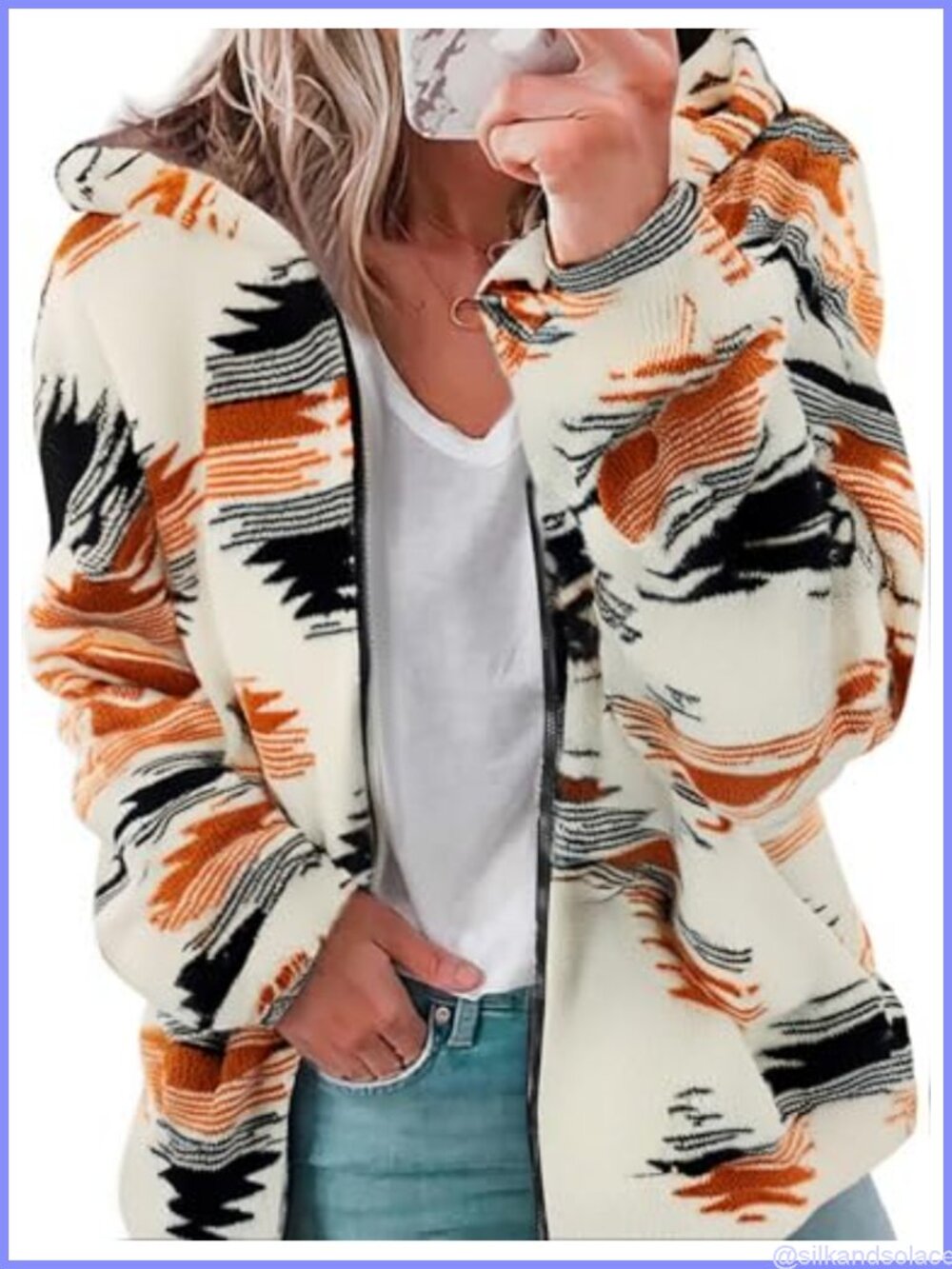 Womens Aztec Western Print Sherpa Fleece Zip Up Hoodie Sweatshirt